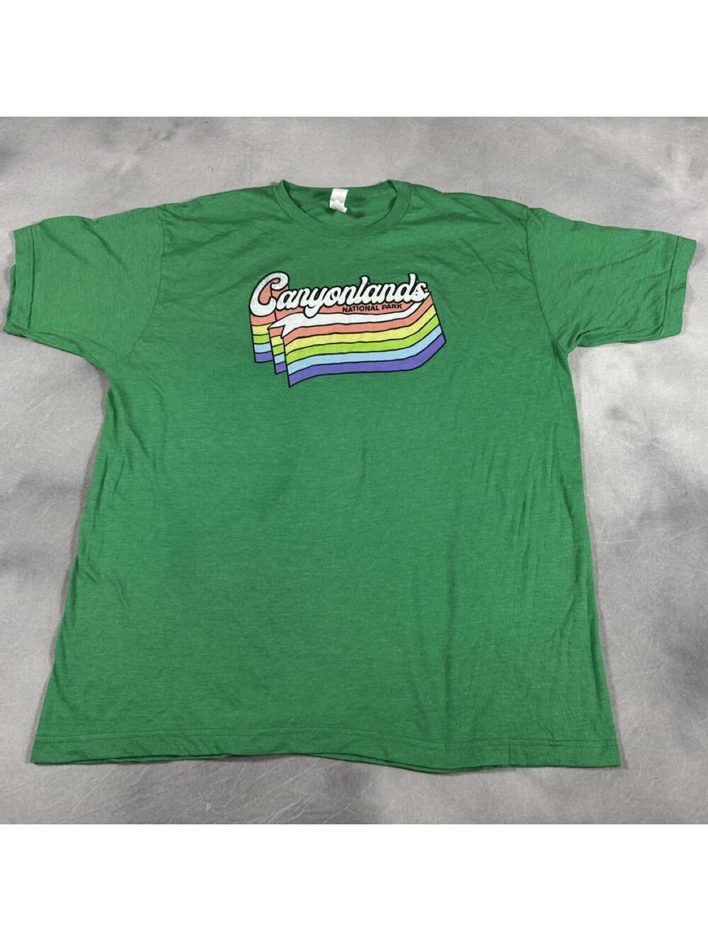Canyonlands National Park Retro Rainbow Graphic T Shirt Green Tultex XL